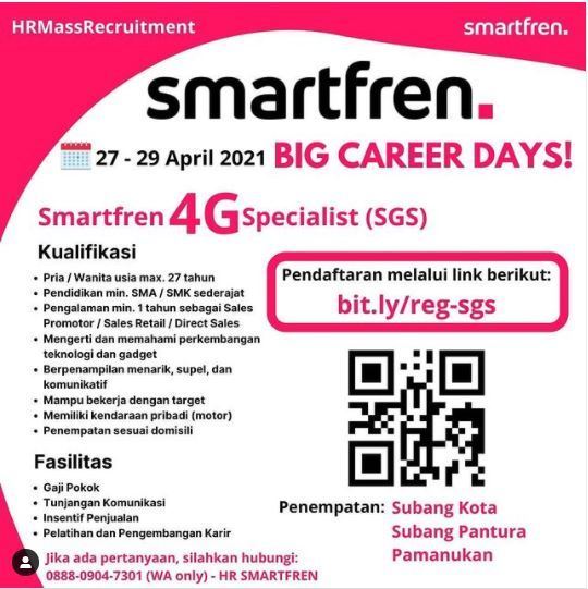 Lowongan pekerjaan Subang SMARTFREN April 2021 posisi Smartfren 4G Specialist